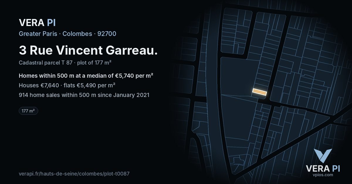 3 Rue Vincent Garreau, Colombes at night – the plot lit, the parcels around coloured by the prices near them