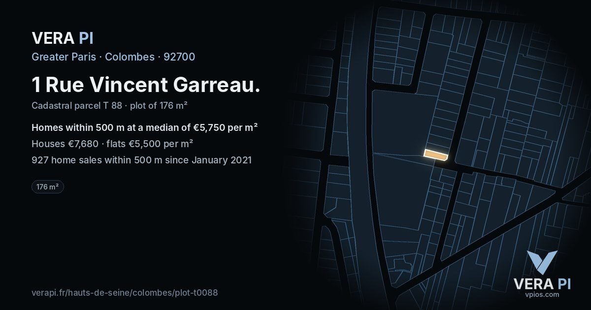 1 Rue Vincent Garreau, Colombes at night – the plot lit, the parcels around coloured by the prices near them