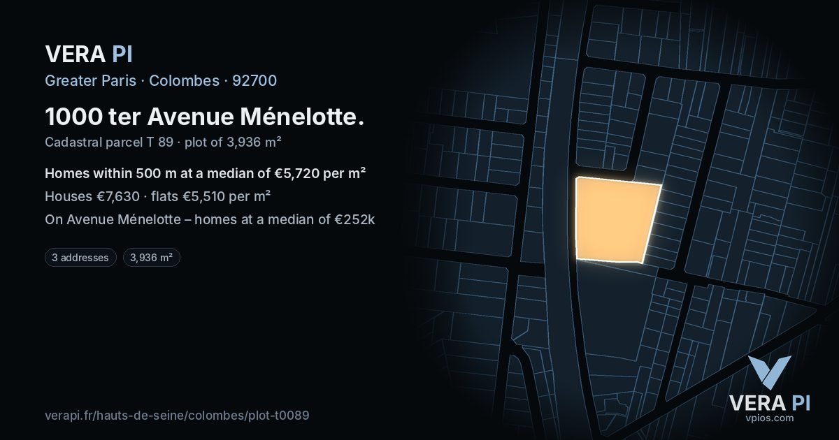 1000 ter Avenue Ménelotte, Colombes at night – the plot lit, the parcels around coloured by the prices near them