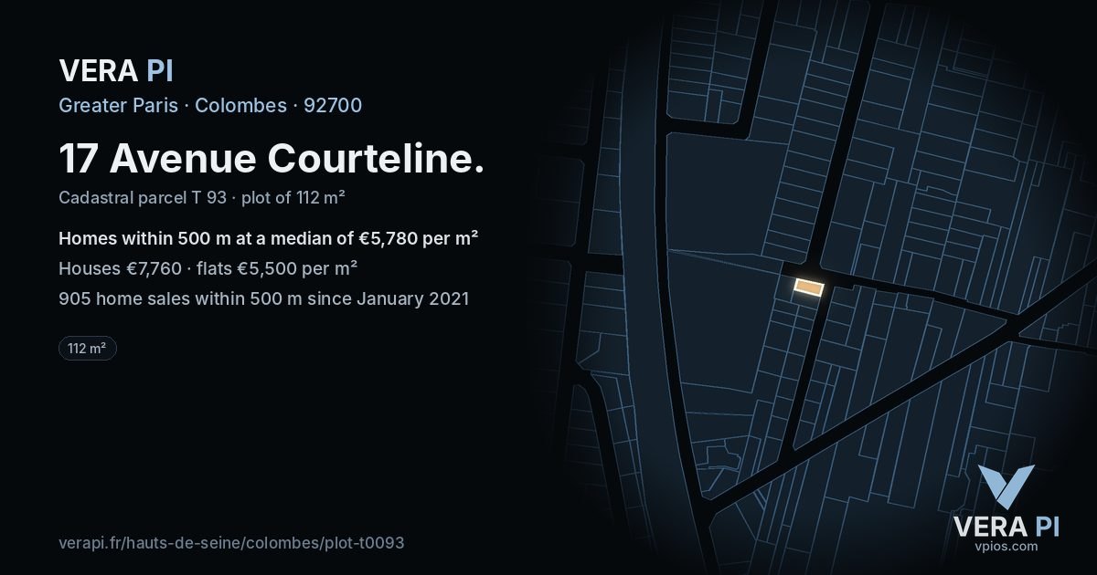 17 Avenue Courteline, Colombes at night – the plot lit, the parcels around coloured by the prices near them