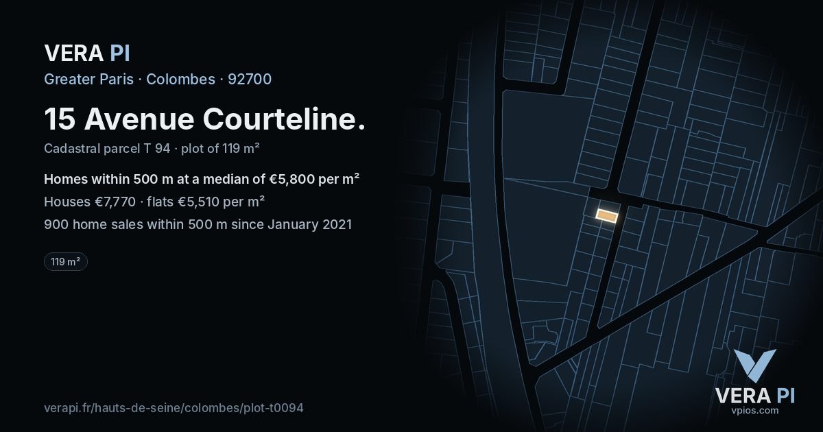 15 Avenue Courteline, Colombes at night – the plot lit, the parcels around coloured by the prices near them