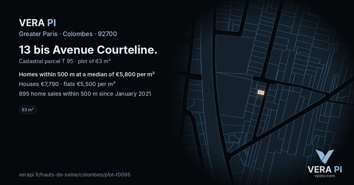 13 bis Avenue Courteline, Colombes at night – the plot lit, the parcels around coloured by the prices near them