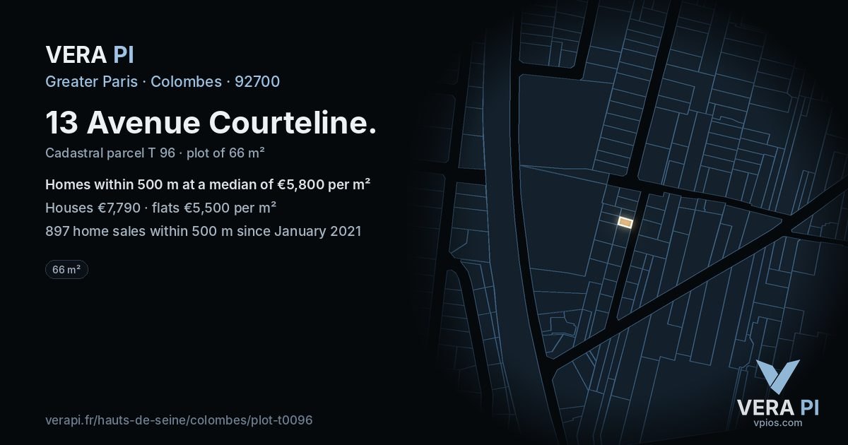 13 Avenue Courteline, Colombes at night – the plot lit, the parcels around coloured by the prices near them