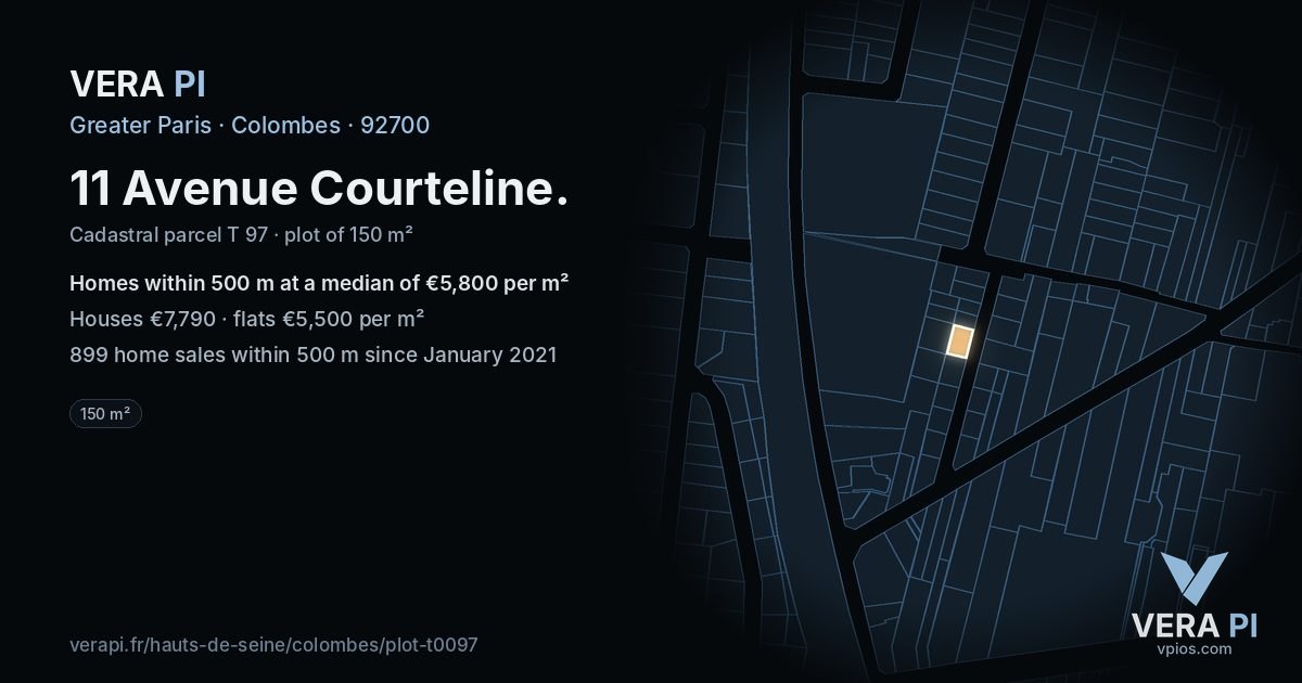 11 Avenue Courteline, Colombes at night – the plot lit, the parcels around coloured by the prices near them