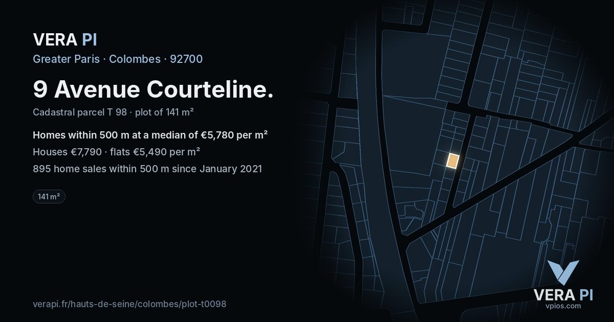 9 Avenue Courteline, Colombes at night – the plot lit, the parcels around coloured by the prices near them