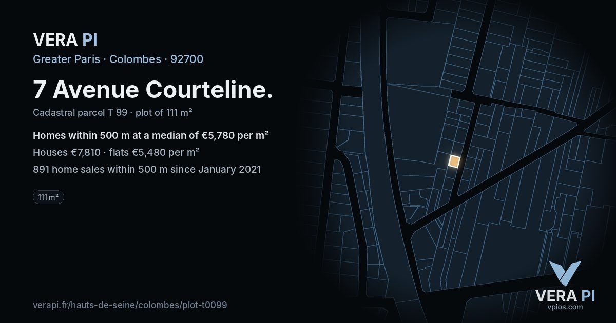 7 Avenue Courteline, Colombes at night – the plot lit, the parcels around coloured by the prices near them