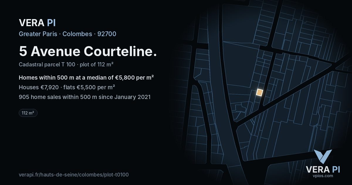 5 Avenue Courteline, Colombes at night – the plot lit, the parcels around coloured by the prices near them