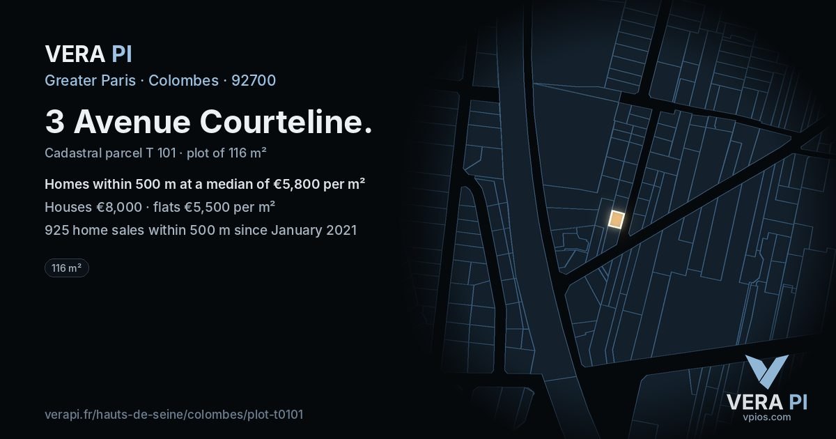 3 Avenue Courteline, Colombes at night – the plot lit, the parcels around coloured by the prices near them