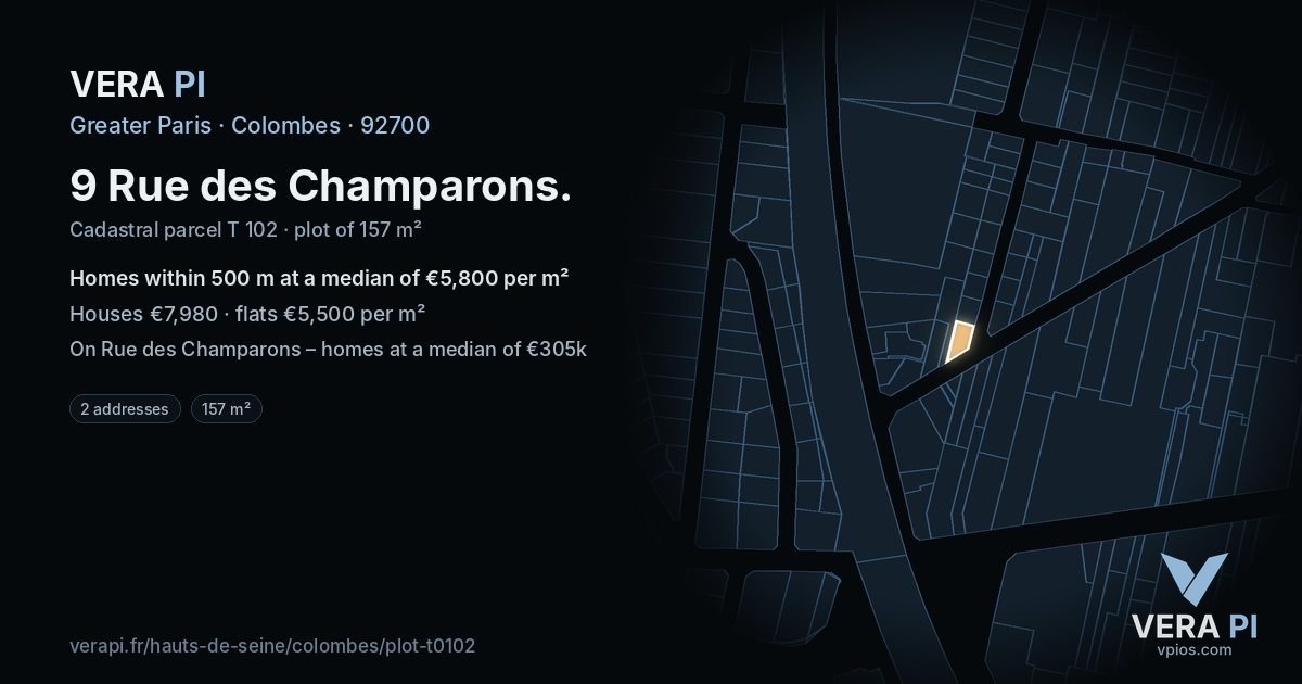 9 Rue des Champarons, Colombes at night – the plot lit, the parcels around coloured by the prices near them