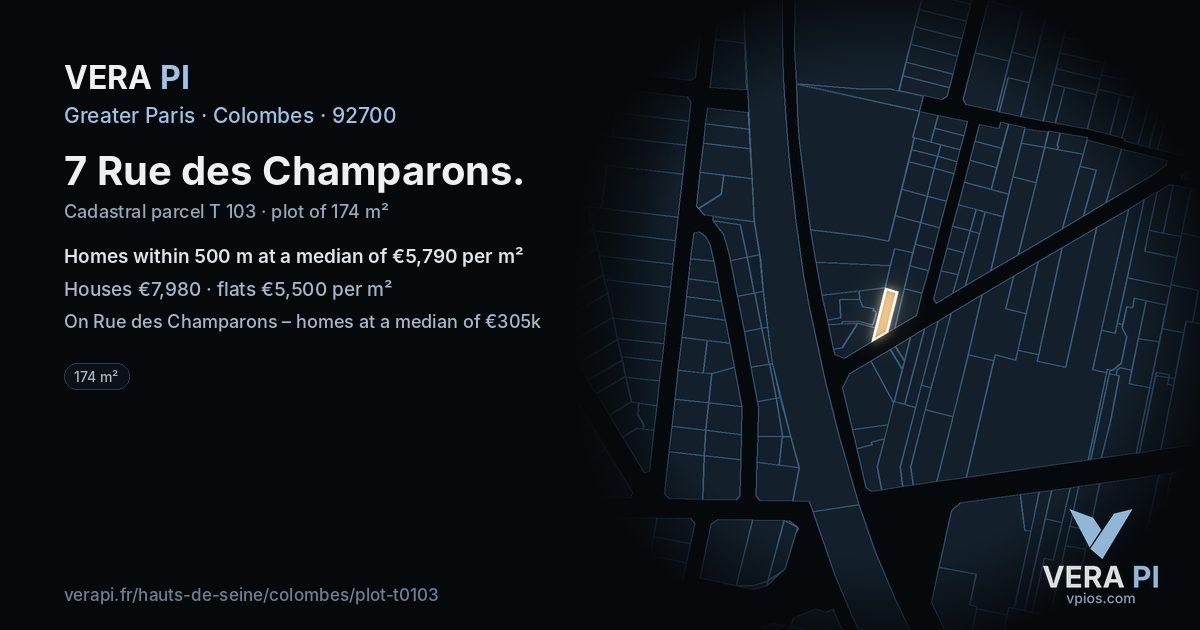 7 Rue des Champarons, Colombes at night – the plot lit, the parcels around coloured by the prices near them