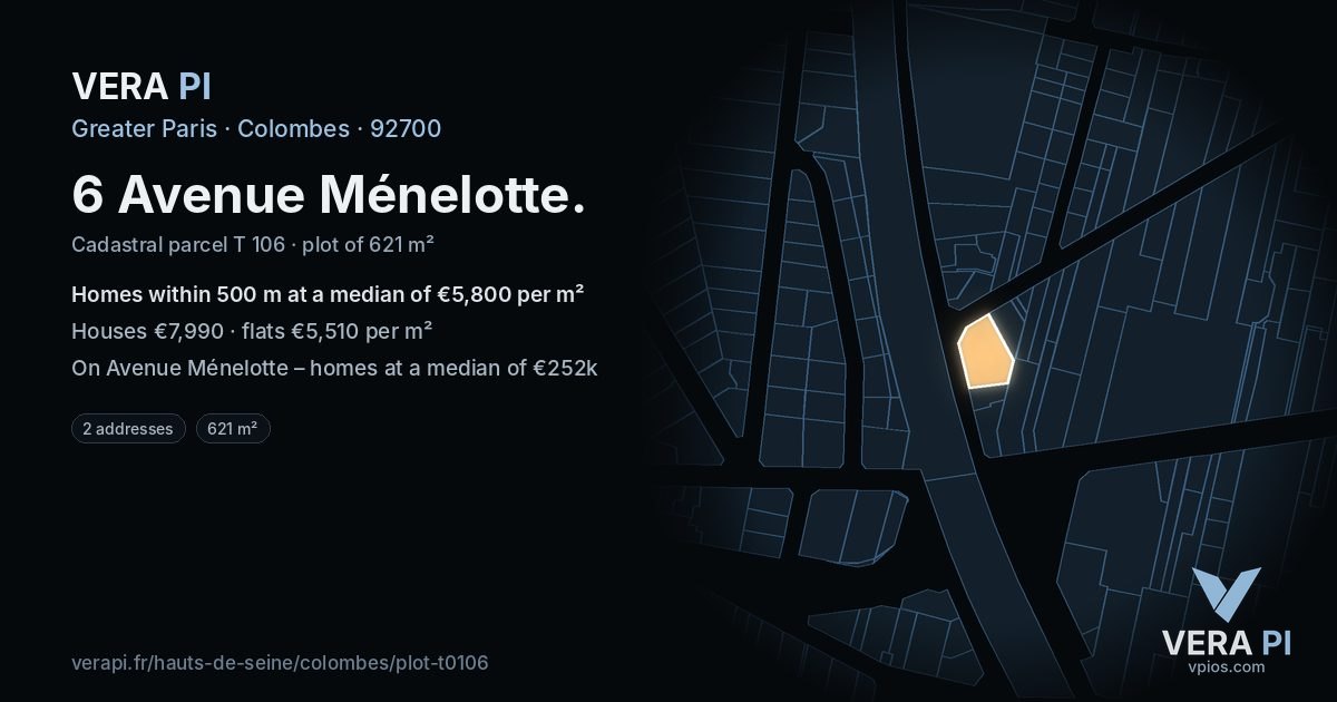 6 Avenue Ménelotte, Colombes at night – the plot lit, the parcels around coloured by the prices near them