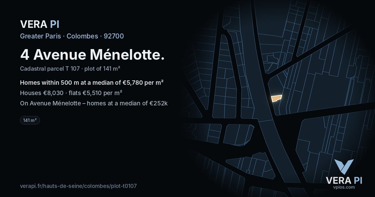 4 Avenue Ménelotte, Colombes at night – the plot lit, the parcels around coloured by the prices near them