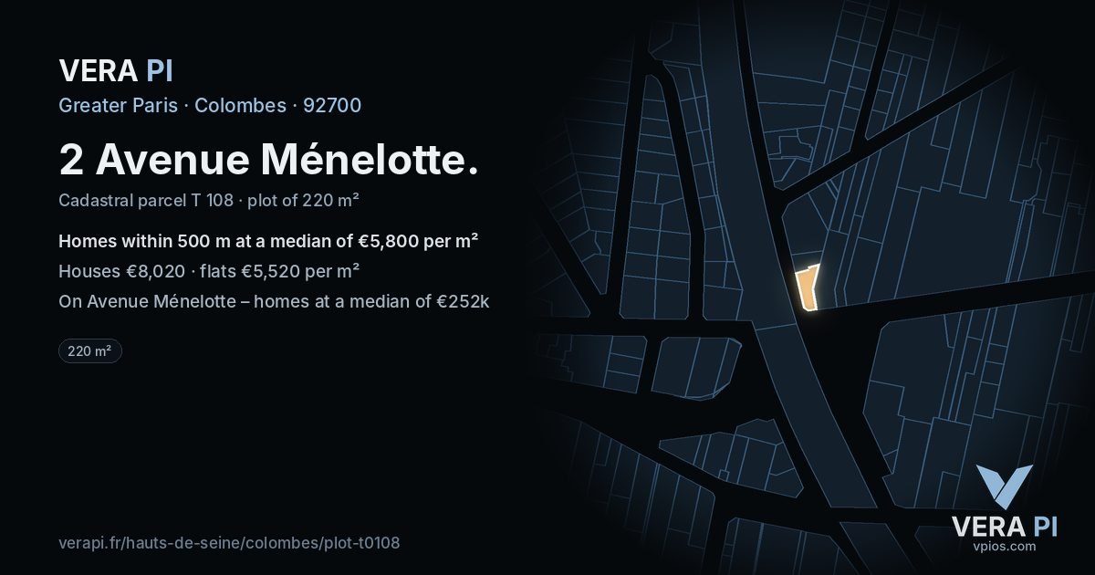 2 Avenue Ménelotte, Colombes at night – the plot lit, the parcels around coloured by the prices near them