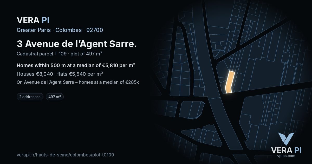 3 Avenue de l’Agent Sarre, Colombes at night – the plot lit, the parcels around coloured by the prices near them