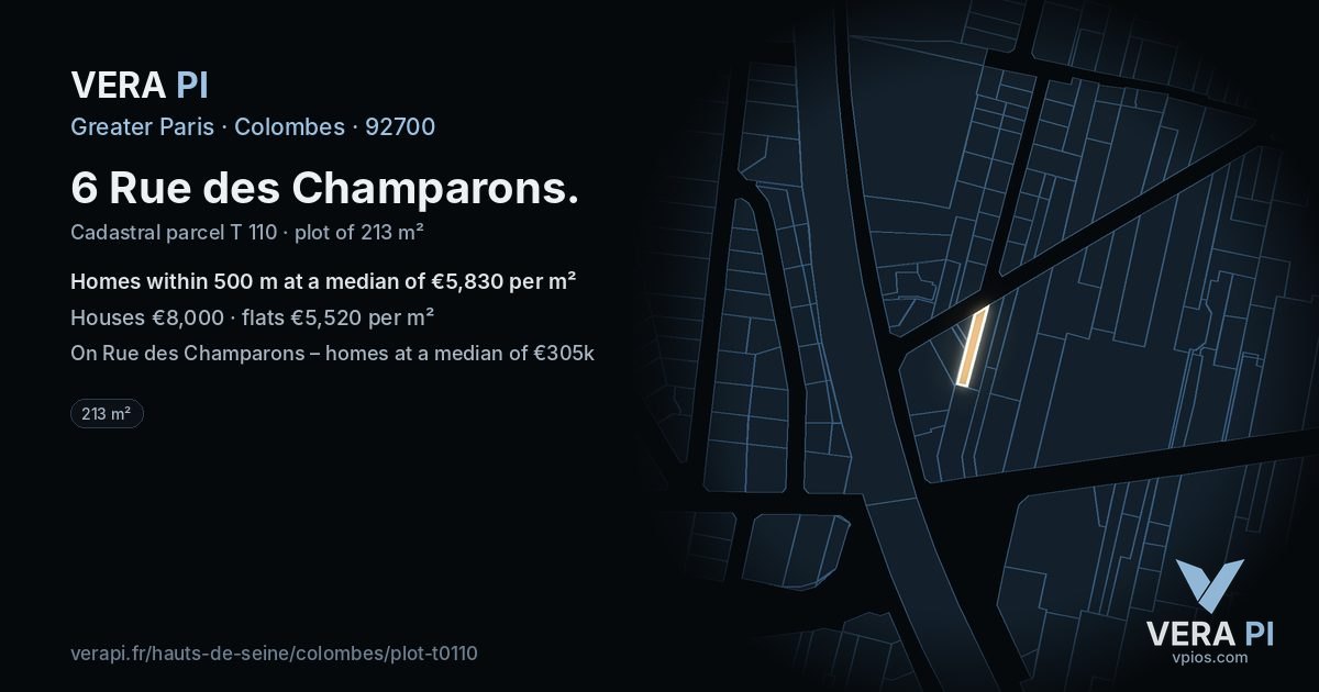 6 Rue des Champarons, Colombes at night – the plot lit, the parcels around coloured by the prices near them