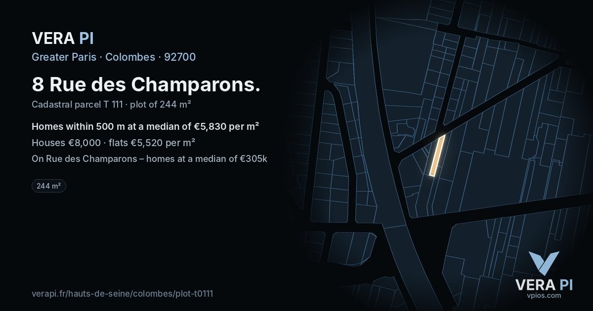 8 Rue des Champarons, Colombes at night – the plot lit, the parcels around coloured by the prices near them