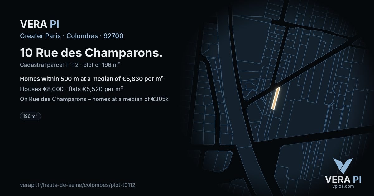 10 Rue des Champarons, Colombes at night – the plot lit, the parcels around coloured by the prices near them