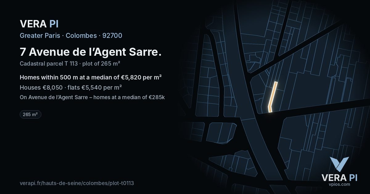 7 Avenue de l’Agent Sarre, Colombes at night – the plot lit, the parcels around coloured by the prices near them
