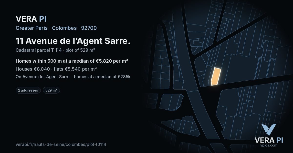 11 Avenue de l’Agent Sarre, Colombes at night – the plot lit, the parcels around coloured by the prices near them