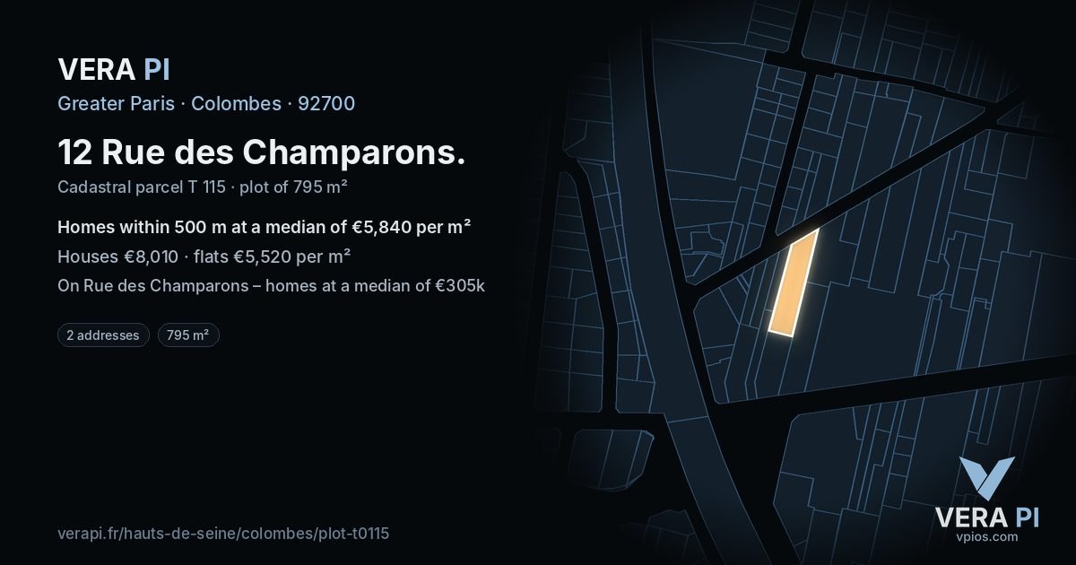 12 Rue des Champarons, Colombes at night – the plot lit, the parcels around coloured by the prices near them