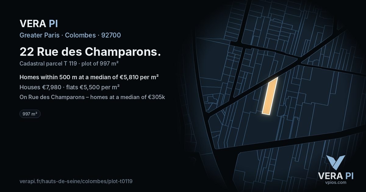 22 Rue des Champarons, Colombes at night – the plot lit, the parcels around coloured by the prices near them