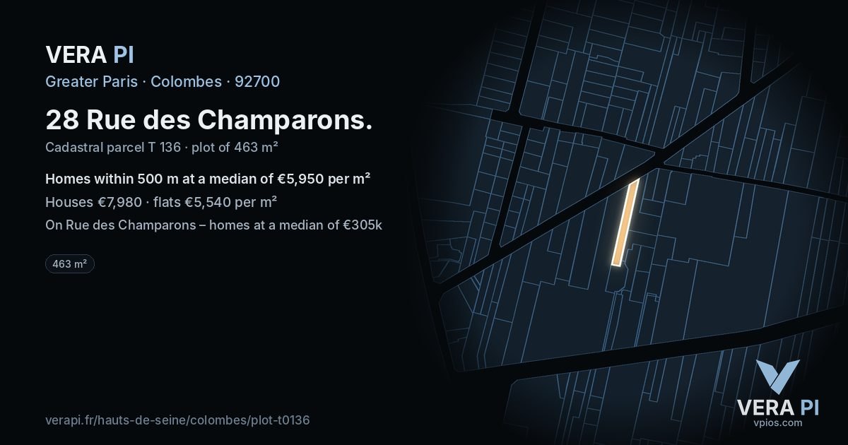 28 Rue des Champarons, Colombes at night – the plot lit, the parcels around coloured by the prices near them