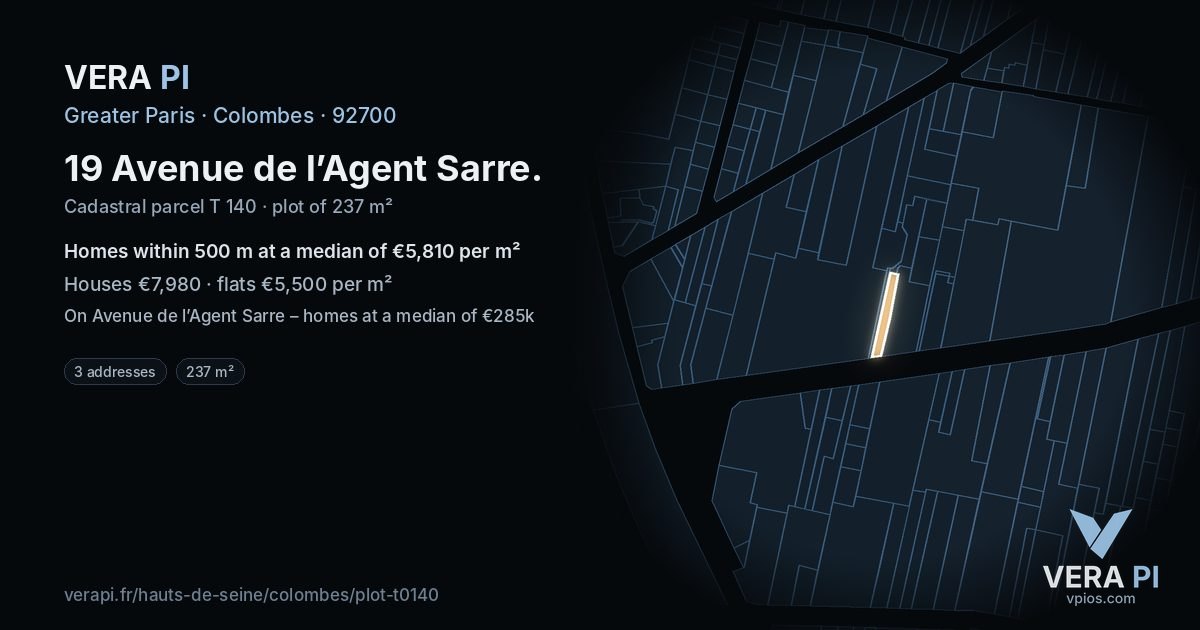 19 Avenue de l’Agent Sarre, Colombes at night – the plot lit, the parcels around coloured by the prices near them