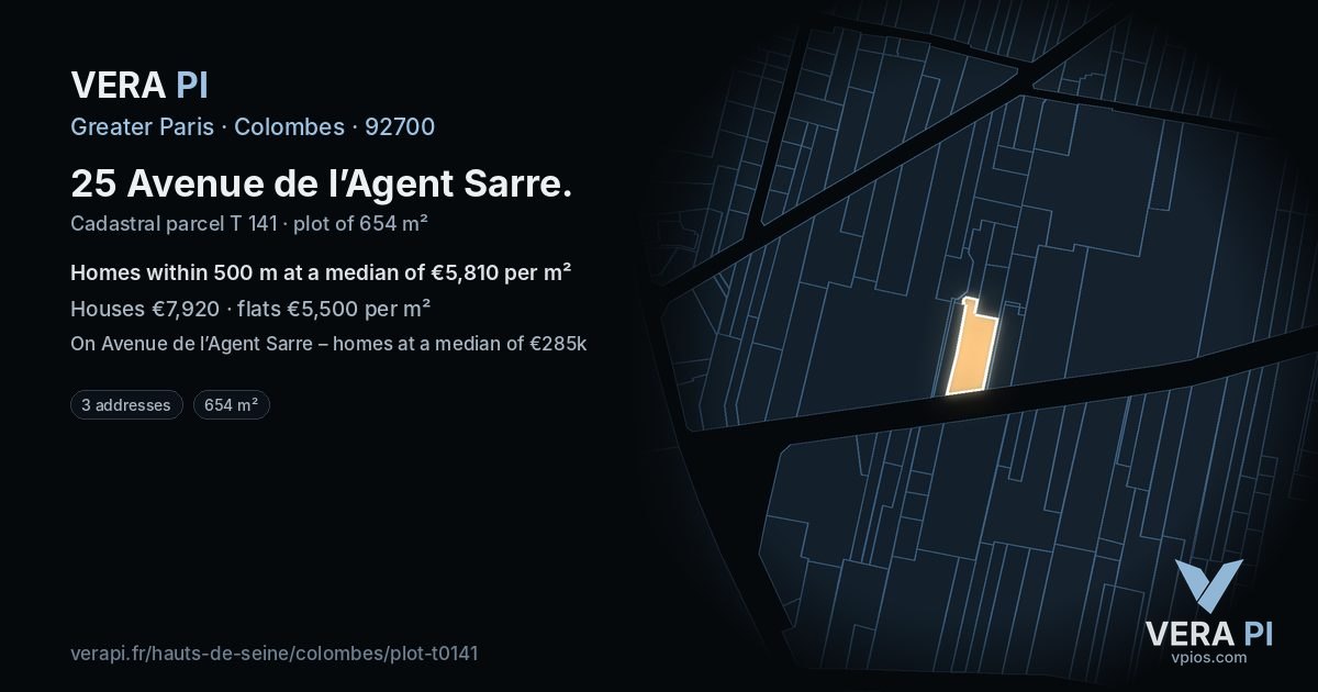 25 Avenue de l’Agent Sarre, Colombes at night – the plot lit, the parcels around coloured by the prices near them