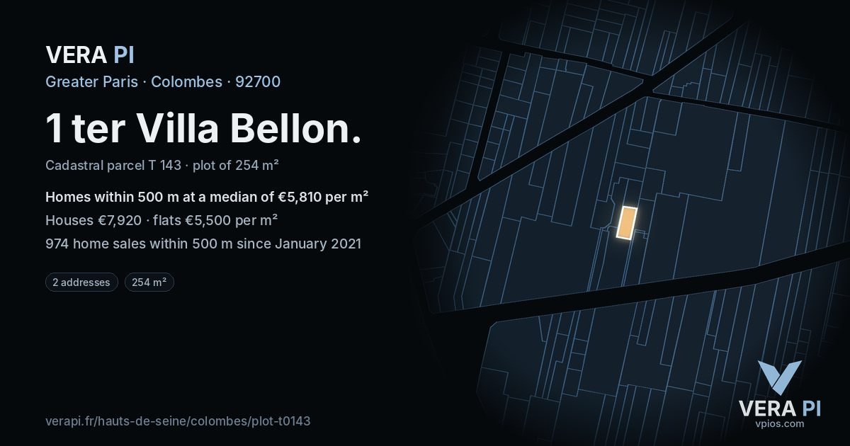 1 ter Villa Bellon, Colombes at night – the plot lit, the parcels around coloured by the prices near them