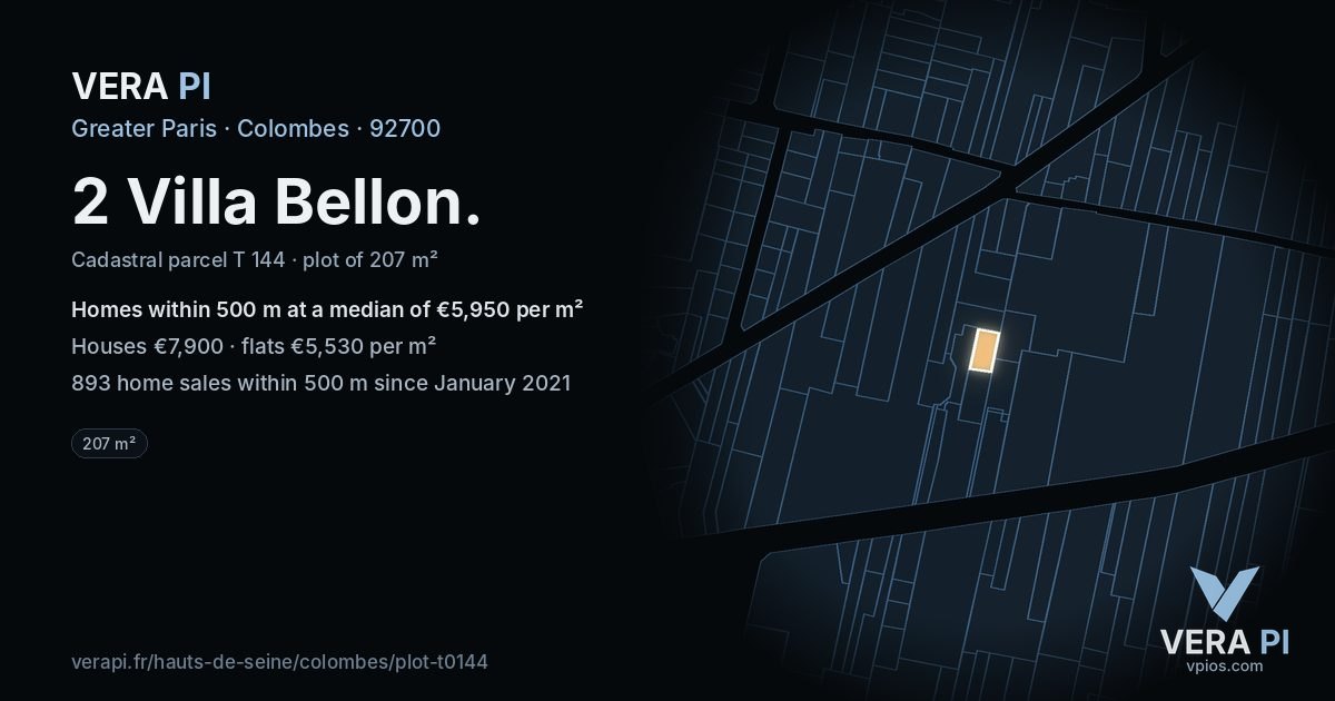 2 Villa Bellon, Colombes at night – the plot lit, the parcels around coloured by the prices near them