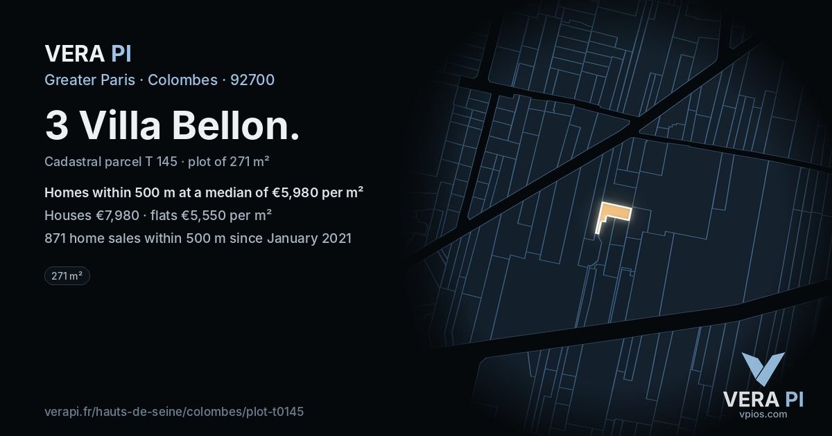 3 Villa Bellon, Colombes at night – the plot lit, the parcels around coloured by the prices near them