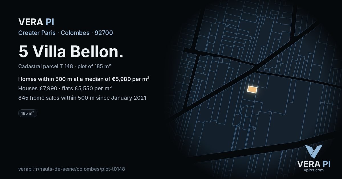 5 Villa Bellon, Colombes at night – the plot lit, the parcels around coloured by the prices near them