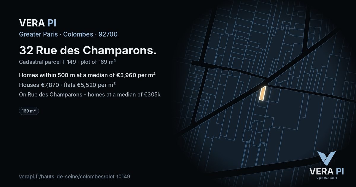 32 Rue des Champarons, Colombes at night – the plot lit, the parcels around coloured by the prices near them