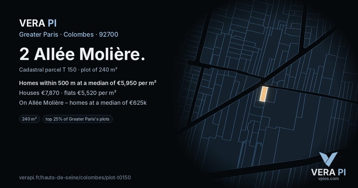 2 Allée Molière, Colombes at night – the plot lit, the parcels around coloured by the prices near them