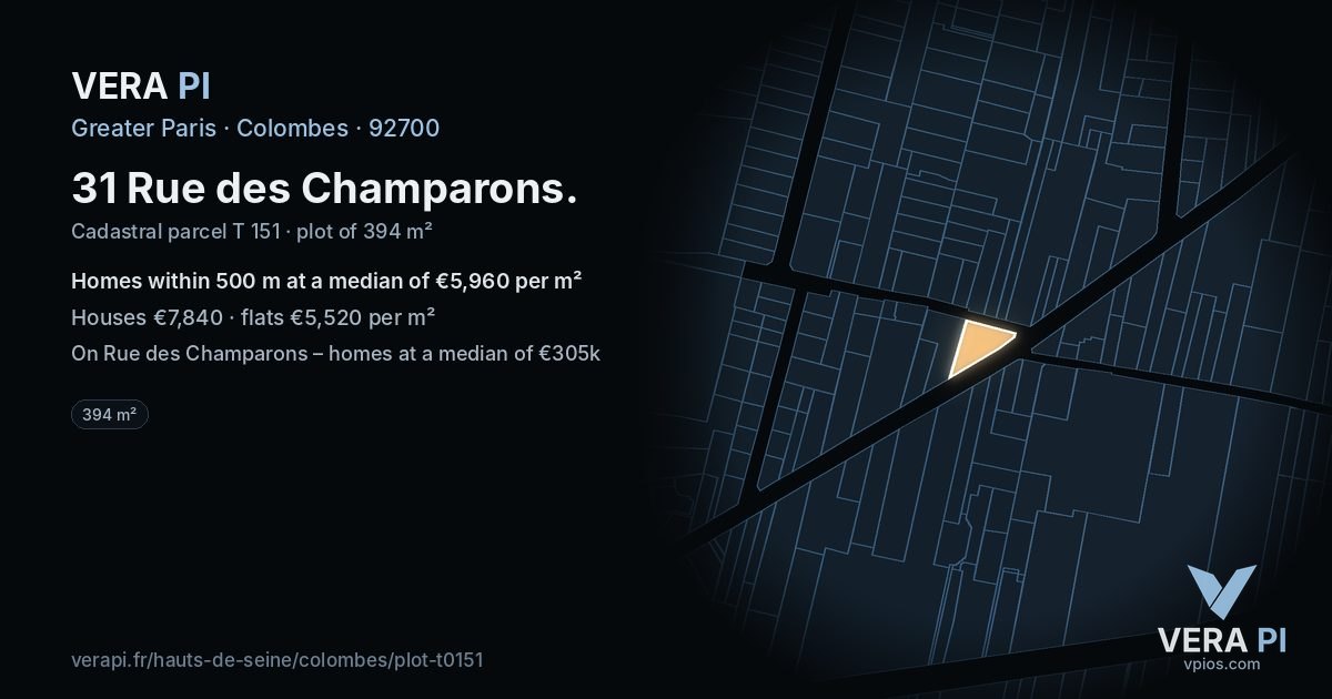 31 Rue des Champarons, Colombes at night – the plot lit, the parcels around coloured by the prices near them