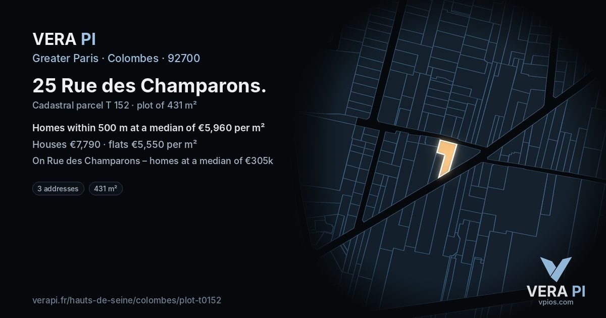 25 Rue des Champarons, Colombes at night – the plot lit, the parcels around coloured by the prices near them