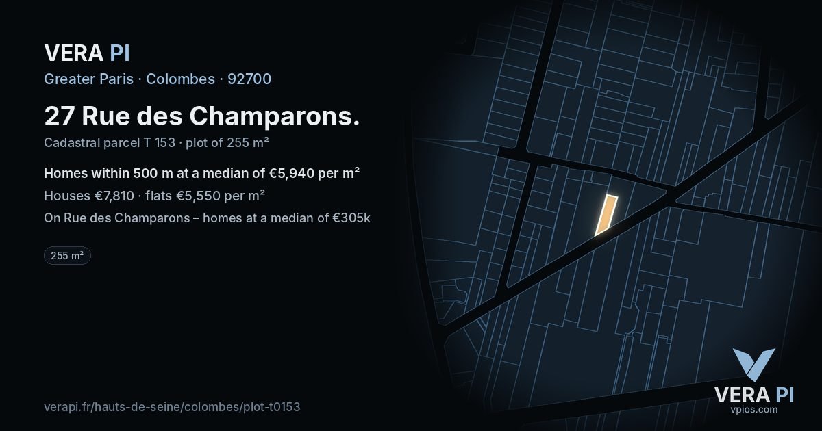 27 Rue des Champarons, Colombes at night – the plot lit, the parcels around coloured by the prices near them