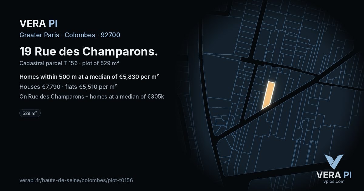 19 Rue des Champarons, Colombes at night – the plot lit, the parcels around coloured by the prices near them