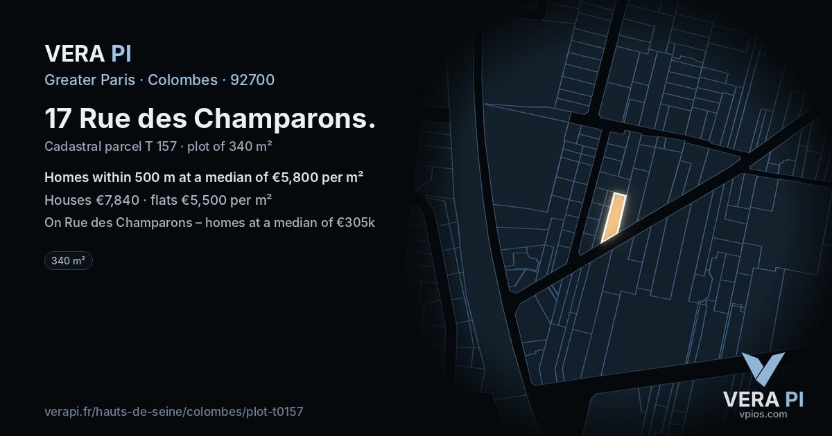 17 Rue des Champarons, Colombes at night – the plot lit, the parcels around coloured by the prices near them