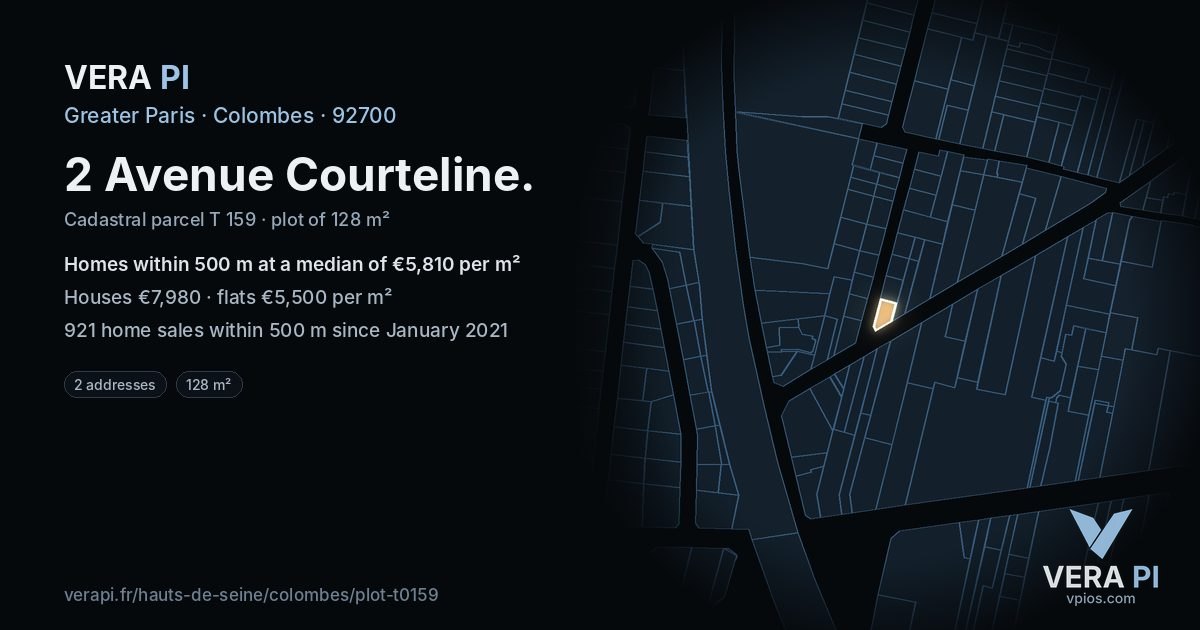 2 Avenue Courteline, Colombes at night – the plot lit, the parcels around coloured by the prices near them
