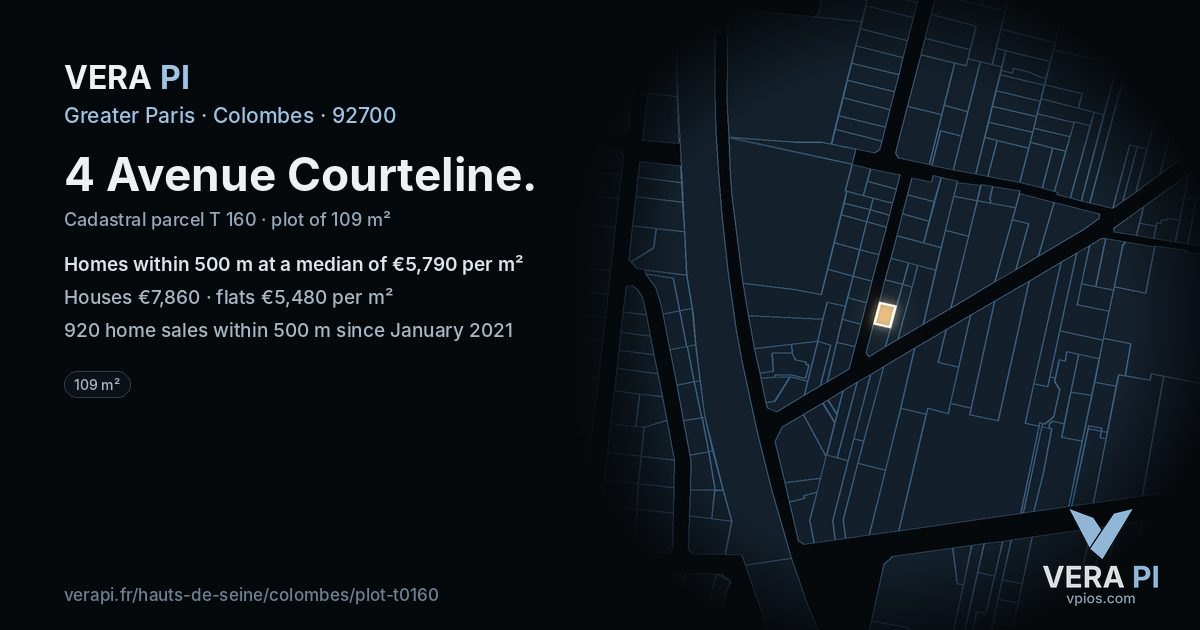 4 Avenue Courteline, Colombes at night – the plot lit, the parcels around coloured by the prices near them