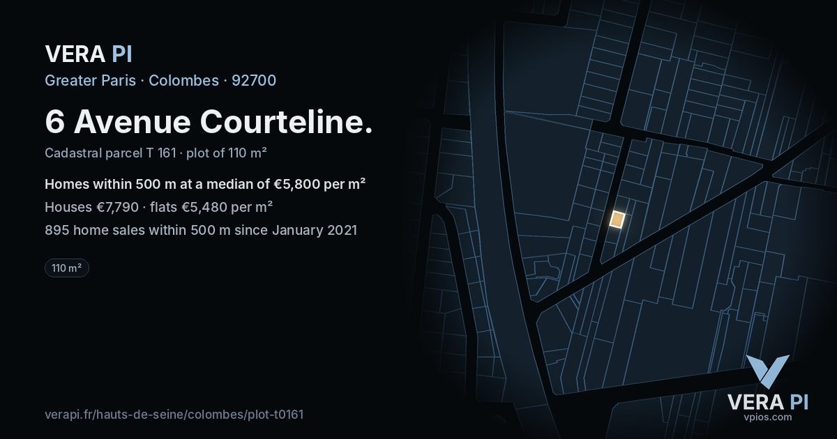 6 Avenue Courteline, Colombes at night – the plot lit, the parcels around coloured by the prices near them