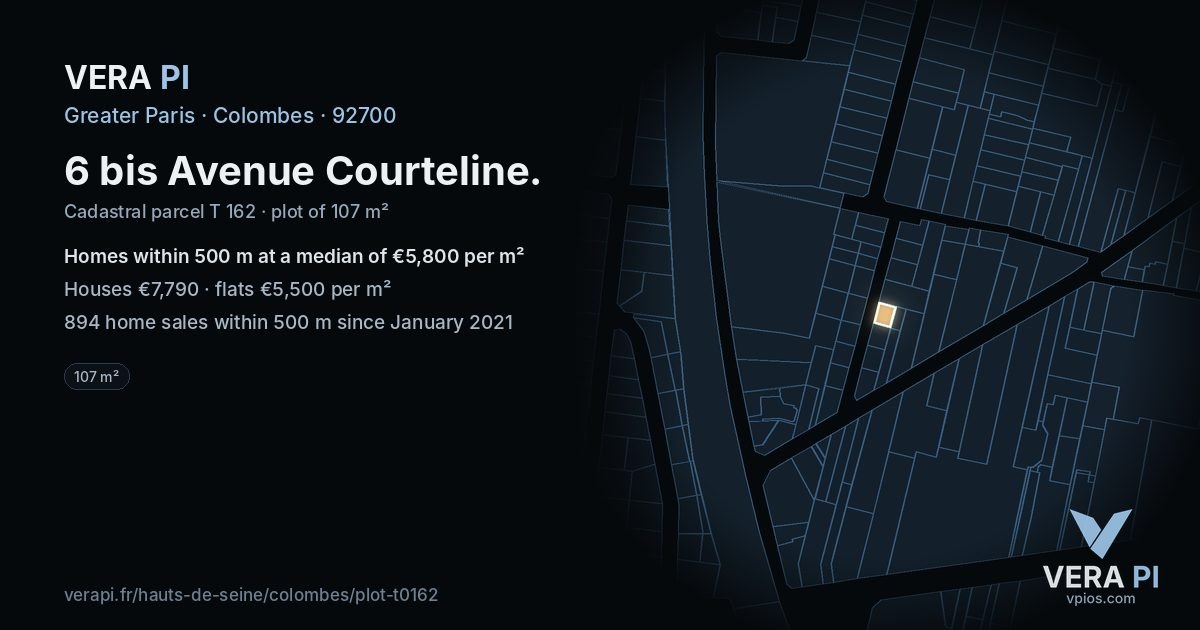 6 bis Avenue Courteline, Colombes at night – the plot lit, the parcels around coloured by the prices near them