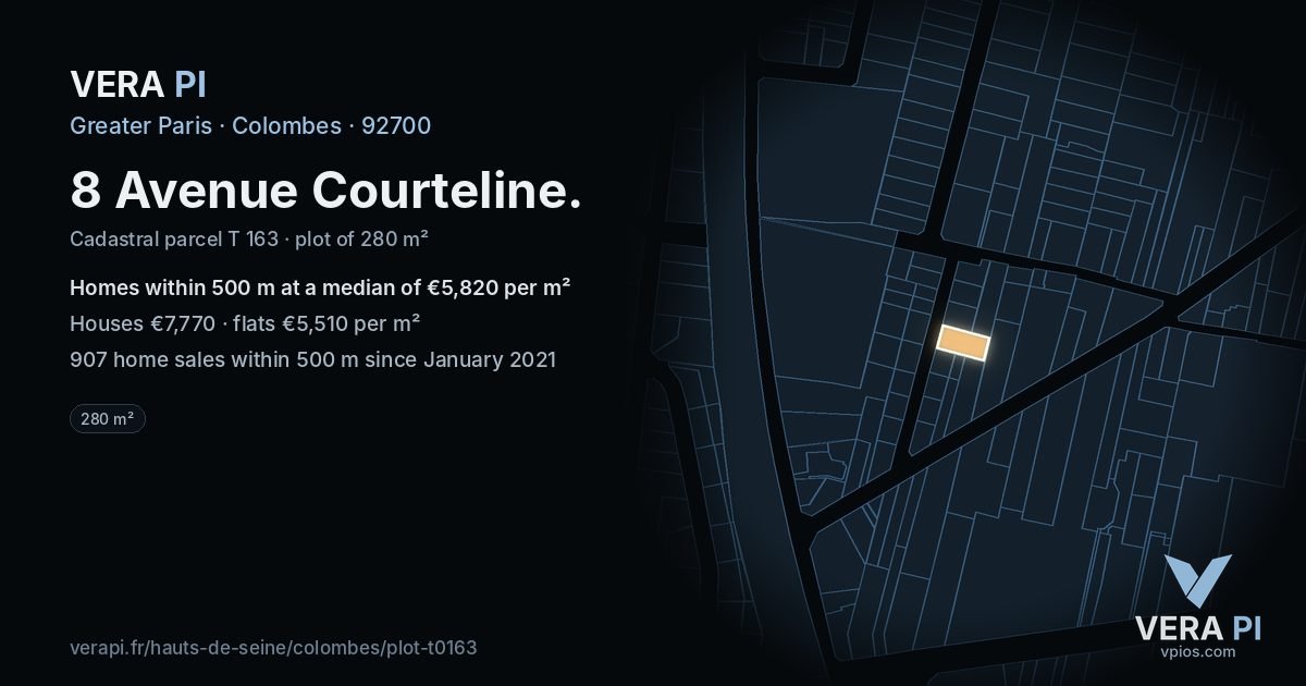 8 Avenue Courteline, Colombes at night – the plot lit, the parcels around coloured by the prices near them