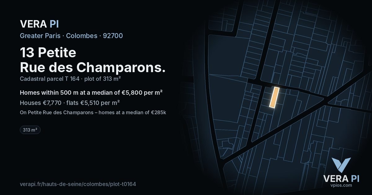 13 Petite Rue des Champarons, Colombes at night – the plot lit, the parcels around coloured by the prices near them