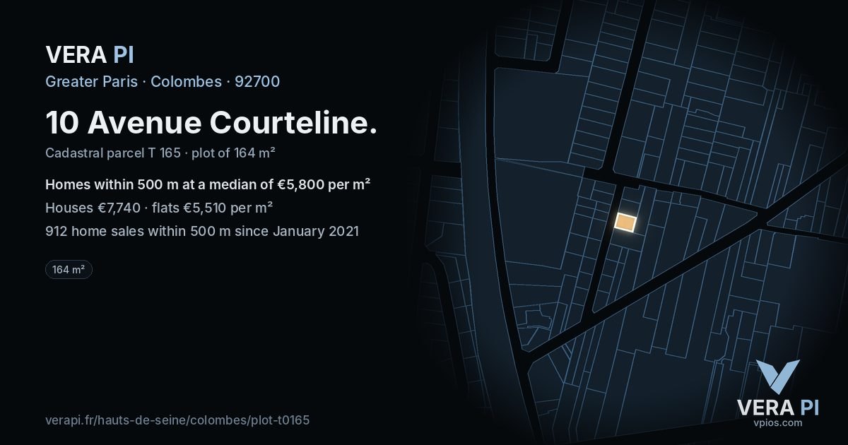 10 Avenue Courteline, Colombes at night – the plot lit, the parcels around coloured by the prices near them