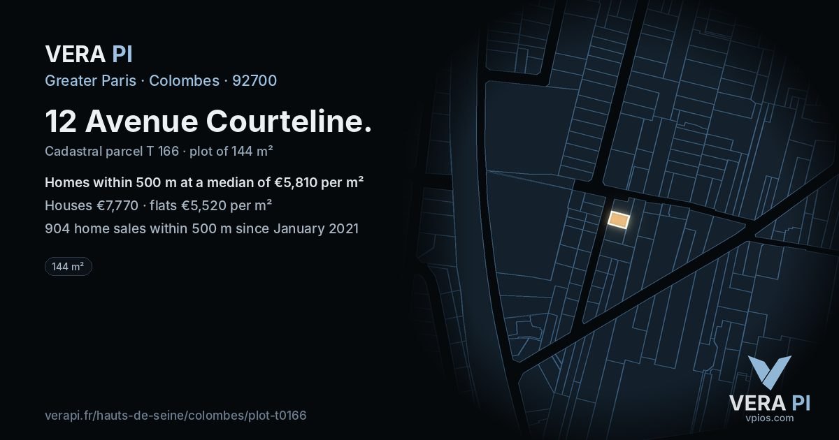 12 Avenue Courteline, Colombes at night – the plot lit, the parcels around coloured by the prices near them