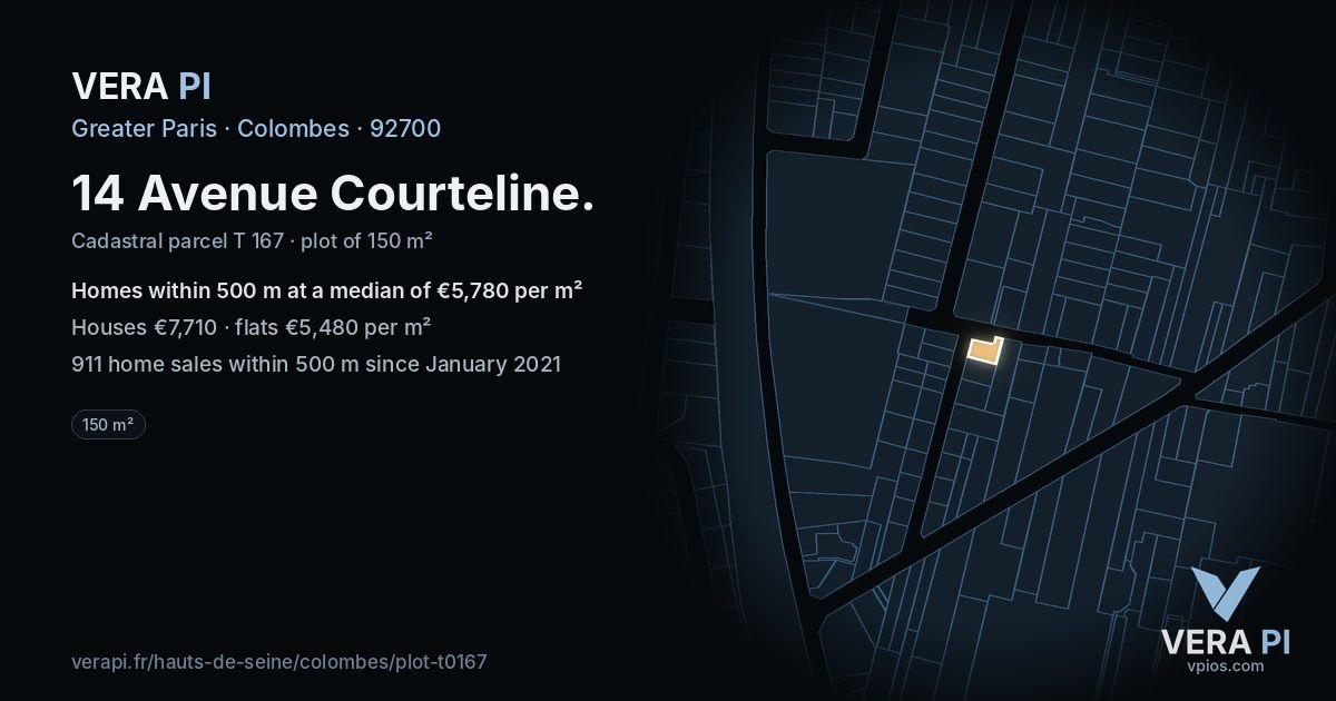 14 Avenue Courteline, Colombes at night – the plot lit, the parcels around coloured by the prices near them