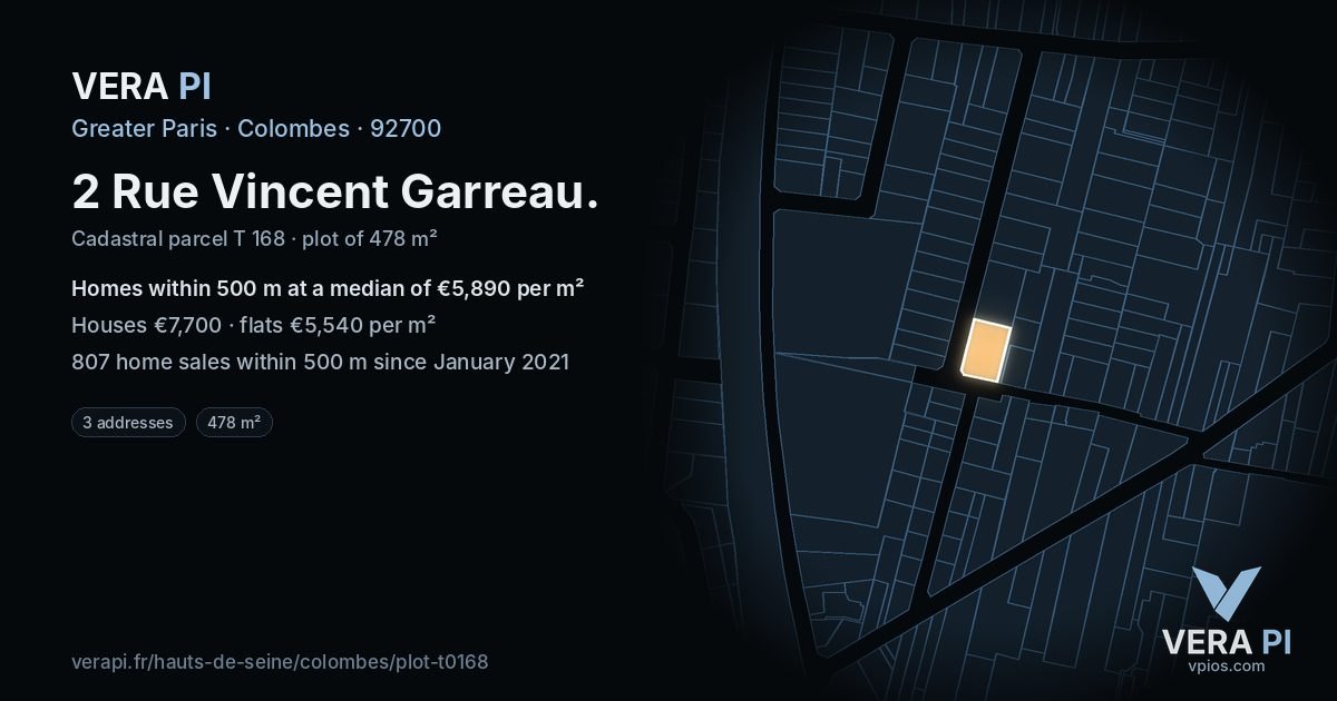 2 Rue Vincent Garreau, Colombes at night – the plot lit, the parcels around coloured by the prices near them