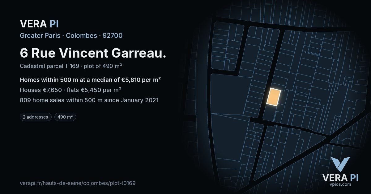 6 Rue Vincent Garreau, Colombes at night – the plot lit, the parcels around coloured by the prices near them